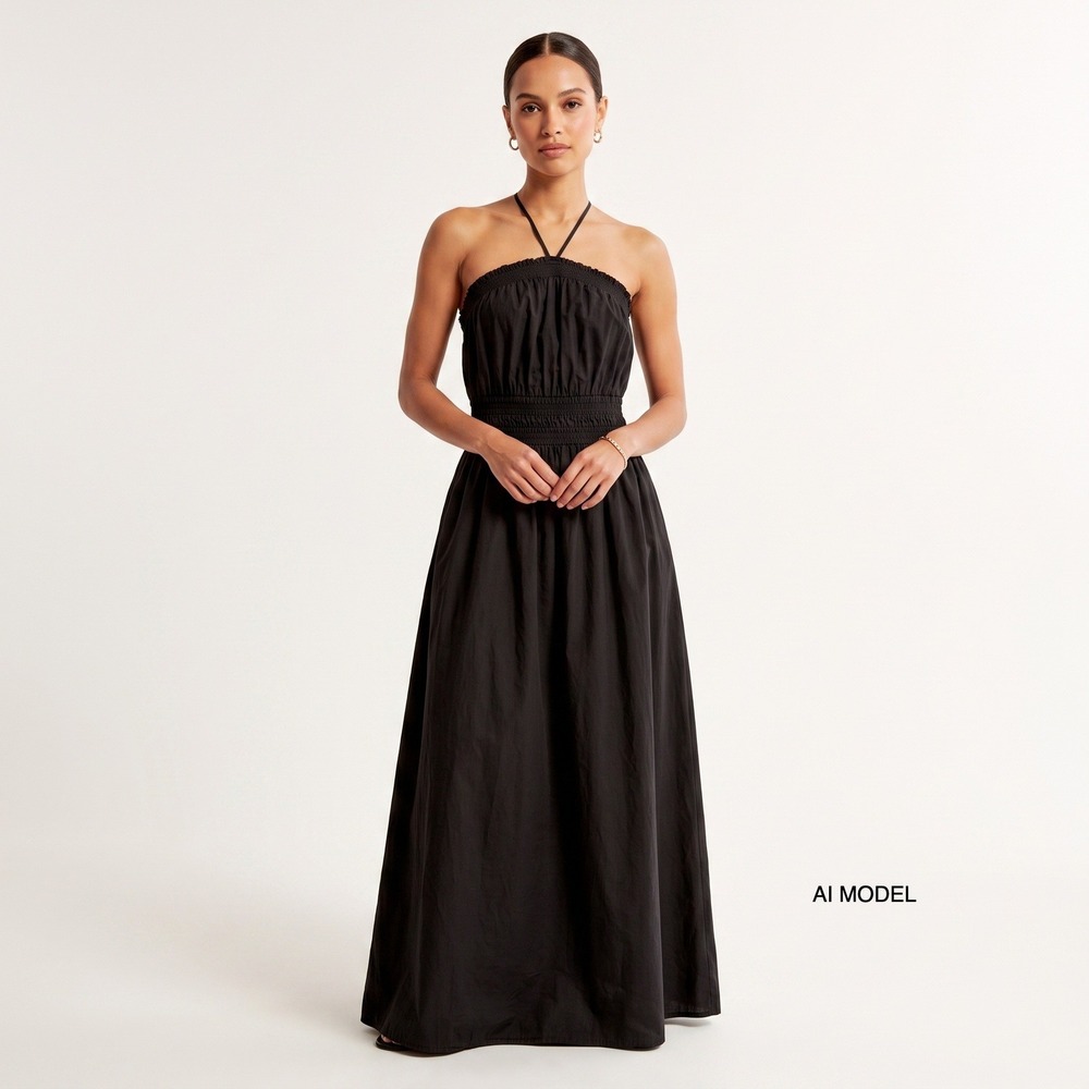 Rachel Parcell Black Halter Maxi Dress Smocked Waist Adjustable Straps L Large